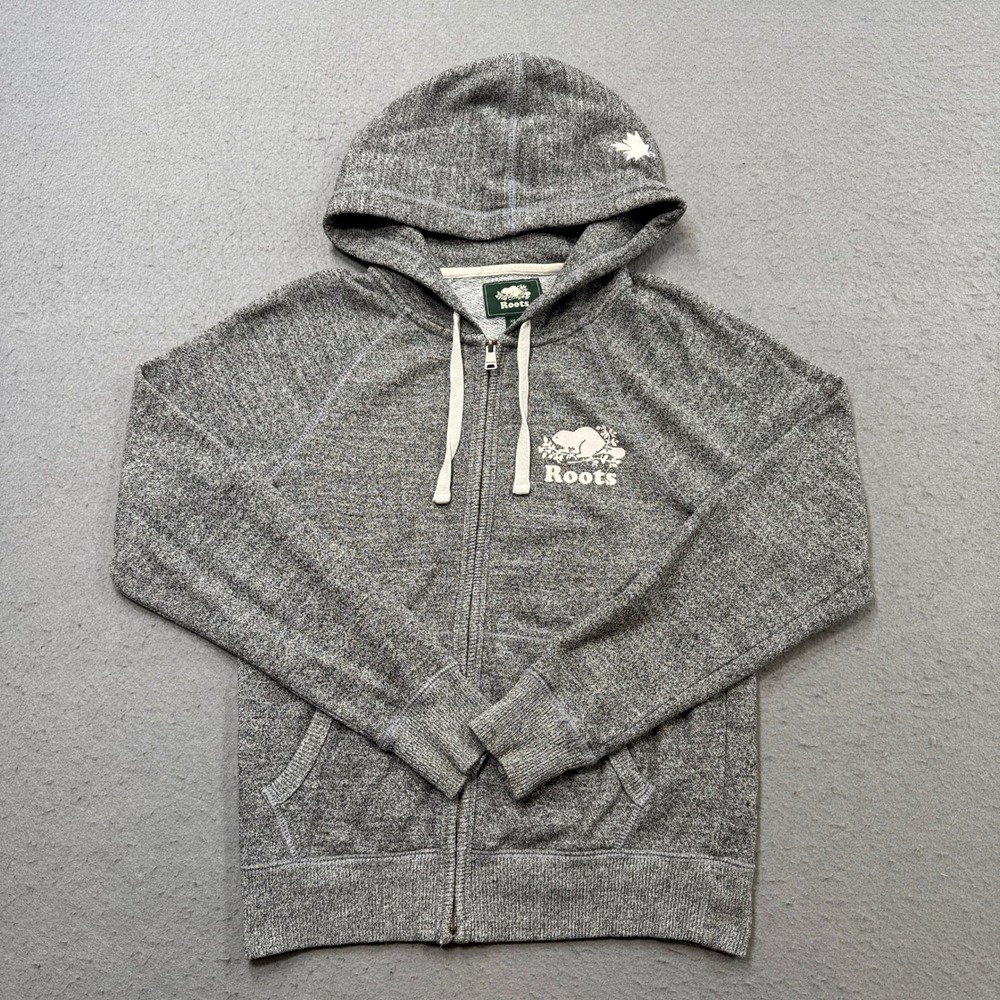 Roots Hoodie Women's XS Heathered Gray Zip Up Fleece Lined Pullover Thumbholes